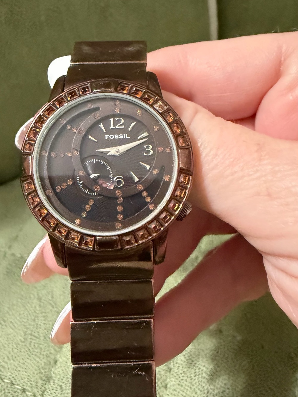 Fossil Brown Crystal-Accent Stainless Steel Bracelet Watch some fading on band